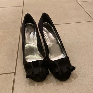 Stuart Weitzman dress shoe, black satin, peep toe, size 7